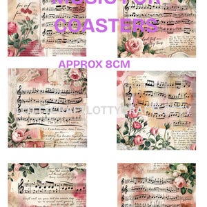 Diseño de papel de arroz Mulberry tamaño A4 con música shabby chic para decoupage