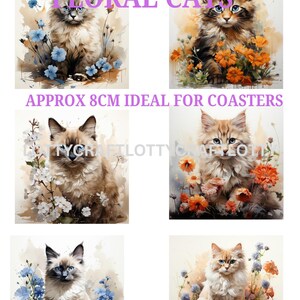 Gatti floreali acquerellati A4 Carta di riso Mulberry, design per decoupage