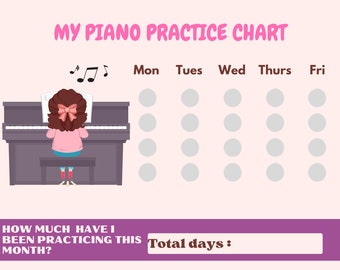 Piano Practice Chart, Piano Practice Log, learning piano, music practice tracker for kids, teaching piano