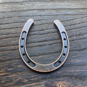 May include: A copper-colored horseshoe with a dark, aged finish. The horseshoe has a series of evenly spaced holes and is set against a dark wood grain background. The horseshoe is a symbol of good luck.