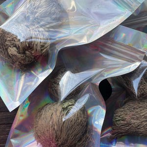 May include: Several dried resurrection plants, also known as Rose of Jericho, are packaged in iridescent, clear plastic bags. The plants are brown and have a spherical shape. The bags have a zip closure and reflect light with a rainbow sheen.