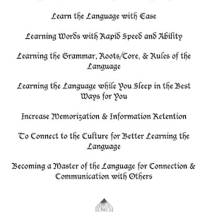 May include: A white print with black text titled "Sigils for Learning A Language." The text lists ways to learn a language, including learning with ease, rapid speed, and while sleeping. A small emblem is at the bottom.