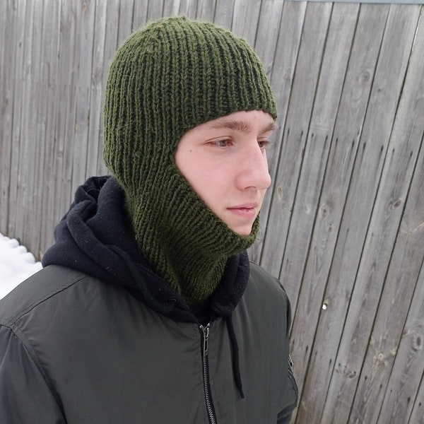 Hand-knitted wool balaclava hat, Face mask, winter full face mask for men, khaki (olive), black ski mask, face cover