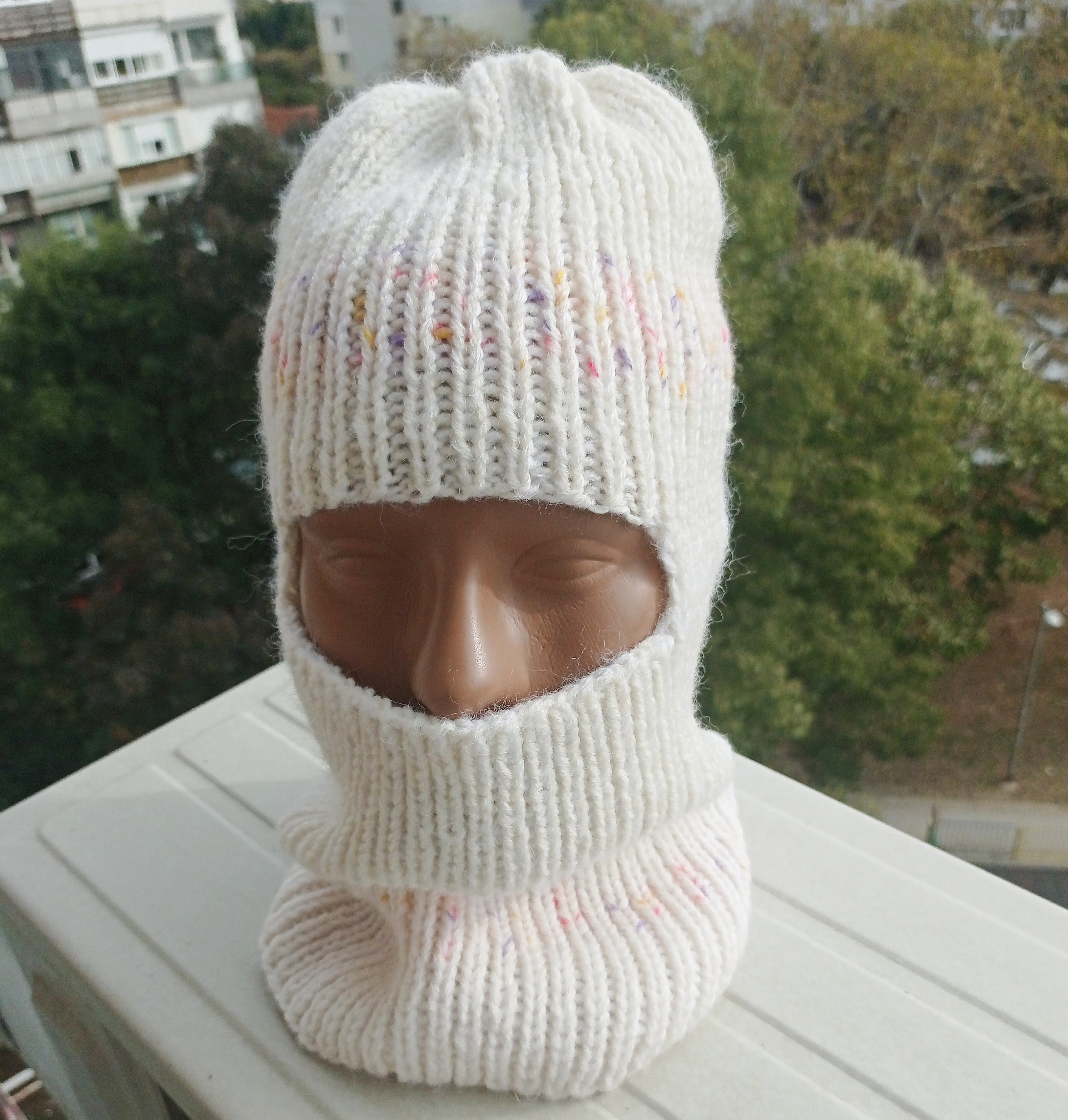 Hand-knitted Women Wool Balaclava, White, Black, Red, Face