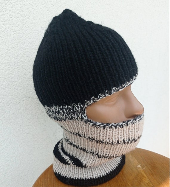 Hand-knitted Wool Balaclava Hat, Face Mask, Winter Full Face Mask for Men,  Black Ski Mask, Face Cover 