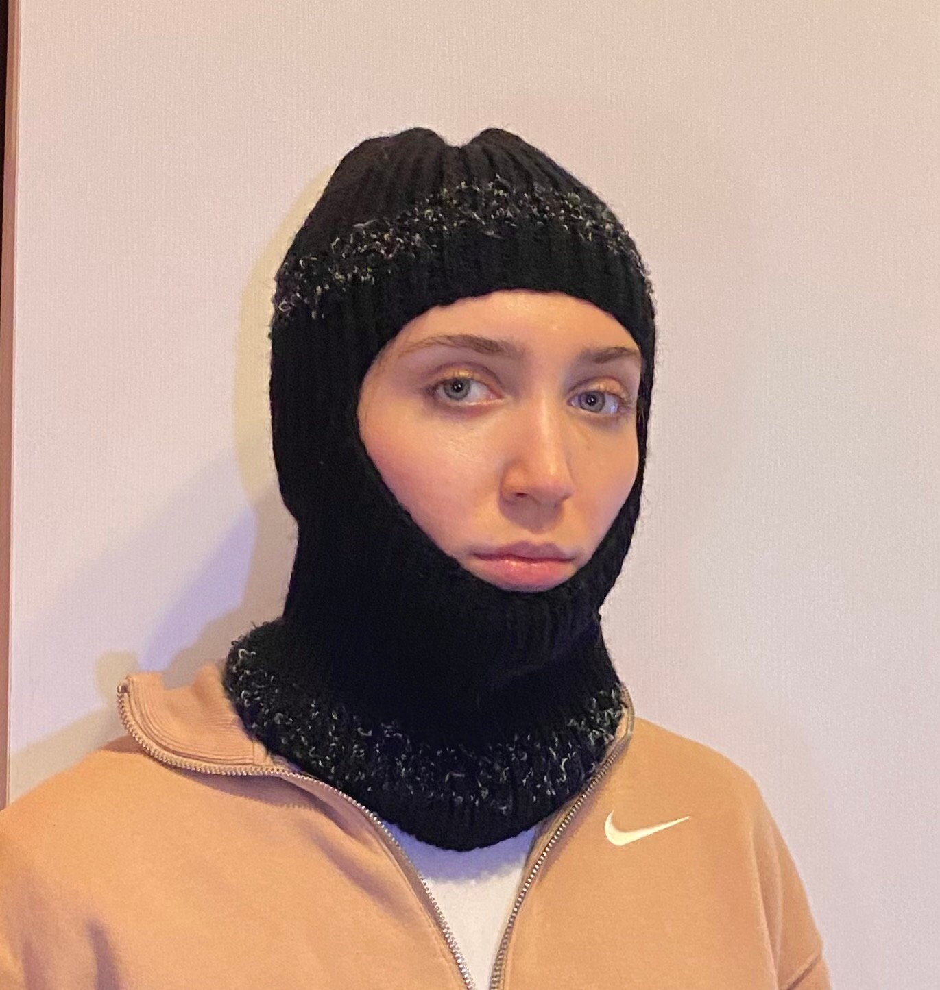 Hand-knitted Women Wool Balaclava, White, Black, Red, Face