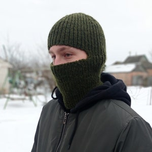 Hand-knitted wool balaclava hat, Face mask, winter full face mask for men, olive color, ski mask, face cover