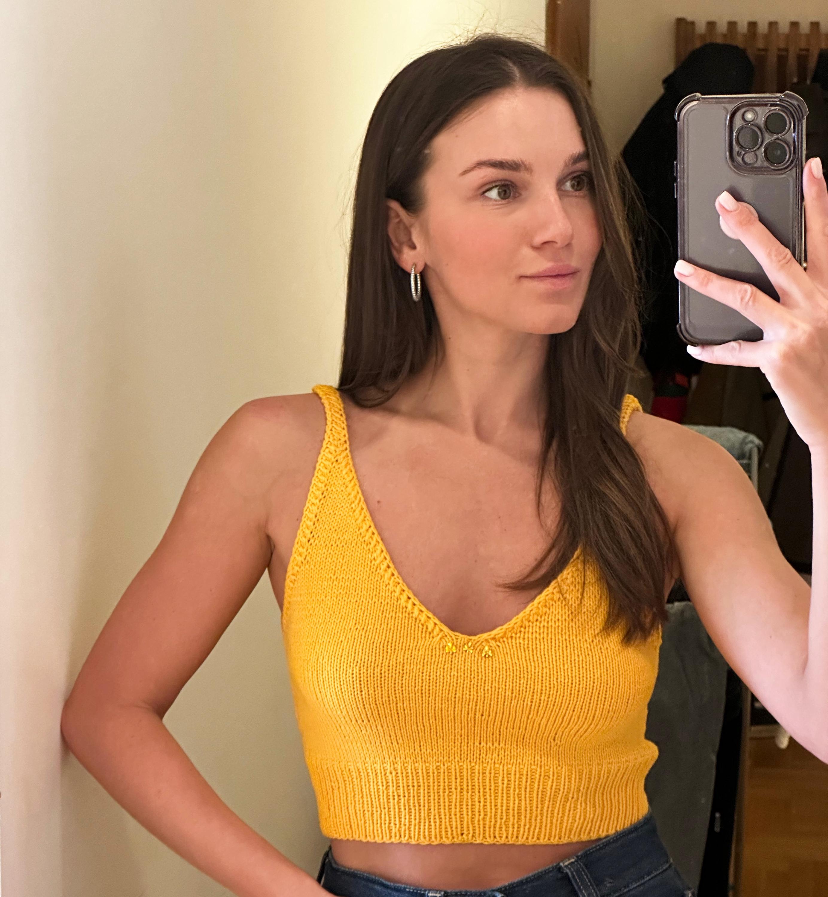 Кnitted summer crop top, Hand knitted cotton tank top, basic bralette for Women, Size XS to L, Deep V neck backless camisole, gift for her