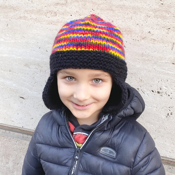 Winter hat with earflaps knitted, unisex, 100% wool, bright, hat with ears, dense and warm, from 6 years and older, Delivery from Bulgaria