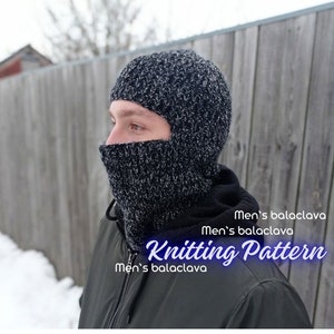 Peut inclure: Une cagoule noire et blanche tricotée avec un trou pour les yeux. Le texte "Men's balaclava Knitting Pattern" est écrit en bleu sur fond blanc.