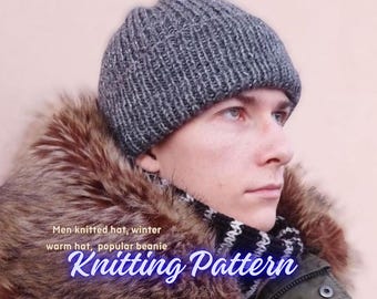 KNIT Pattern for Men's knitted hat, winter hat, hand thick beanie Pattern, Knitting Pattern PDF Instruction, DIY Written Tutorial, 22-23,5"
