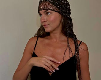 Hand-knitted triangle kerchief with golden sequins, shawl with tassels, Bandana, Retro headscarf, Vintage stylish evening jewelry
