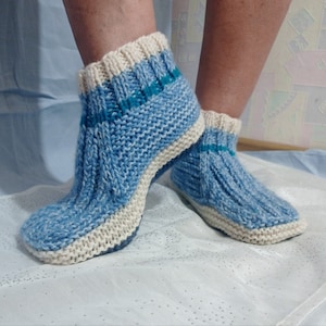 Knitted socks, Slippers moccasins, warm slippers, womens, for home, blue&white, wool, acrylic, slippers for gift, handmade, for feet 9.5-10&#39;