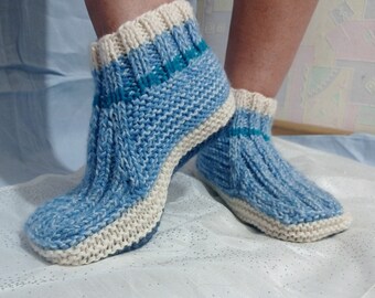 Knitted socks, Slippers moccasins, warm slippers, womens, for home, blue&white, wool, acrylic, slippers for gift, handmade, for feet 9.5-10&#39;