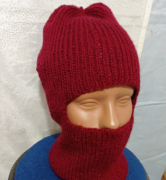 Hand-knitted Women Wool Balaclava, White, Black, Red, Face Hand-knitted Women Wool Balaclava, White, Black, Red, Face