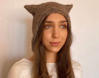 Knitted women&#39;s bonnet from a mixture of wool and angora, mohair, kitty bonnet, Warm Hat Angora soft, for adults and children, with cat ears