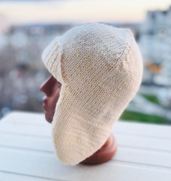Cream Knit Winter Hat with Ear Flaps Women Winter Beanie Knit Hat Warm Earflap Kawaii Skull Cap  main image 2