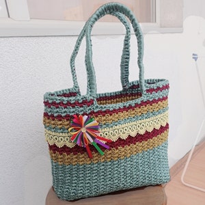 Knitted tote bag /handbag, Handmade Knitted bag, shopping bag, Colorful Polyester Cord, Shopper, Gift for Her/Beach Bag/Gifts for Mom