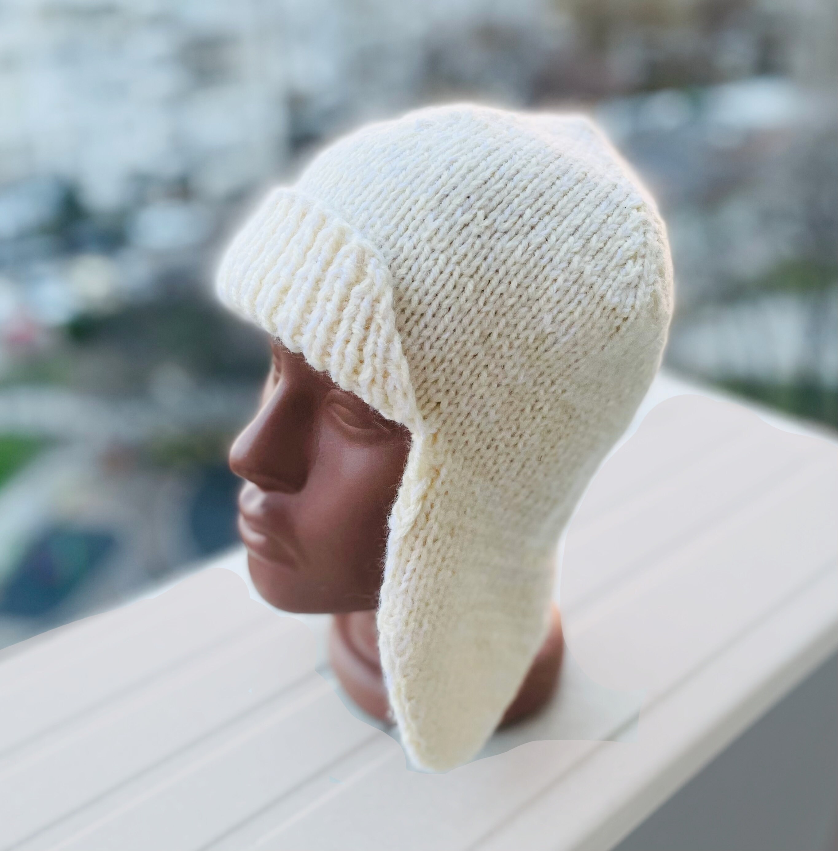 Knitted women's hat bonnet with earflaps, merino and angora cap, cap, winter hat with ears, ski hat, helmet, cap, plain, gray, beige