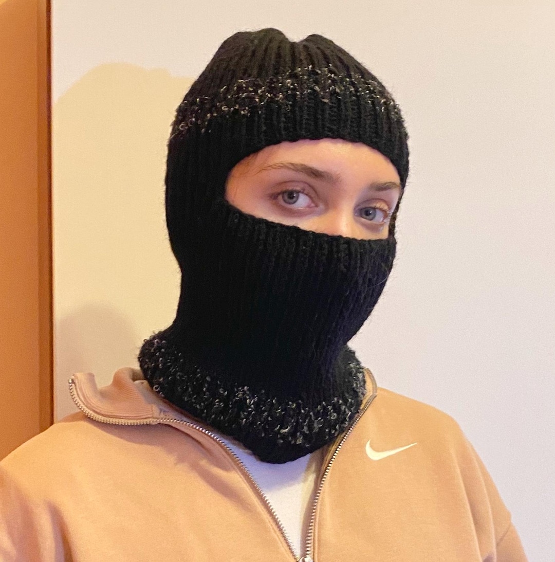 Hand-knitted Women Wool Balaclava, White, Black, Red, Face Mask