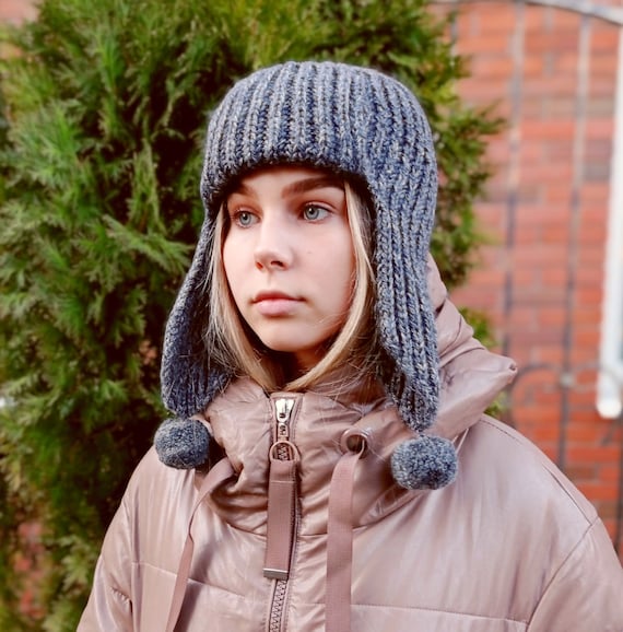 Hand-knitted Winter Hat With Ear Flaps, Women's Gray Hat -