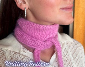 May include: Knitting pattern for a small wool Sophie scarf. The scarf is pink and is shown being worn by a person.