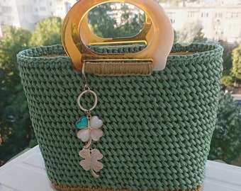 Knitted Women's Handbag, Medium cize, Handmade Knitted Bag, Polyester Cord, Summer Bag Inner Lining, Clear Plastic Handles, Gift for Her