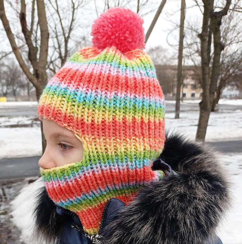 Hand-knitted children's balaclava multi-colored mask hat winter full face mask for a girl or boy 6-10years old Face mask face cover