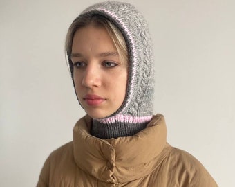 Knitted women&#39;s balaclava from a mixture of wool and angora, bonnet, Warm hood cowl, simple balaclava, helmet, scarf, soft, fluffy and warm
