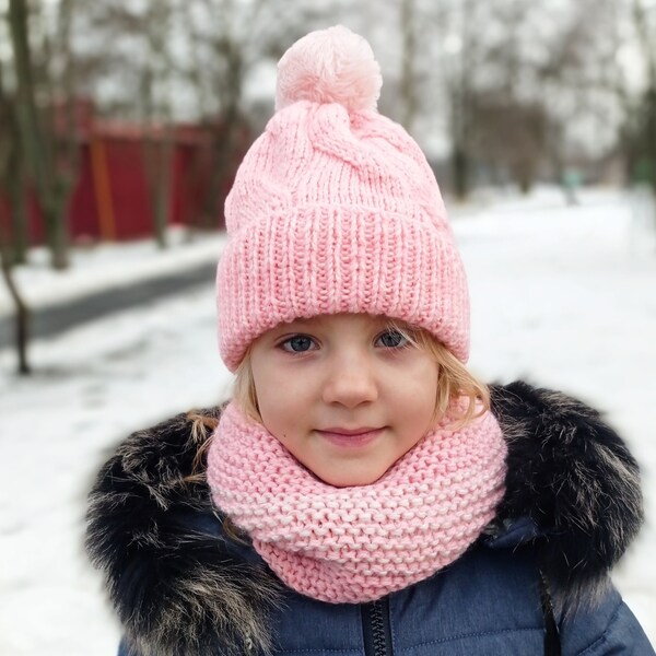 Ensemble tricoté à la main Chapeau et snood d’hiver pour enfants, couleur pêche, pompon, pour filles 3-5 ans, fil délicat pour enfants, 20'(50 sm)