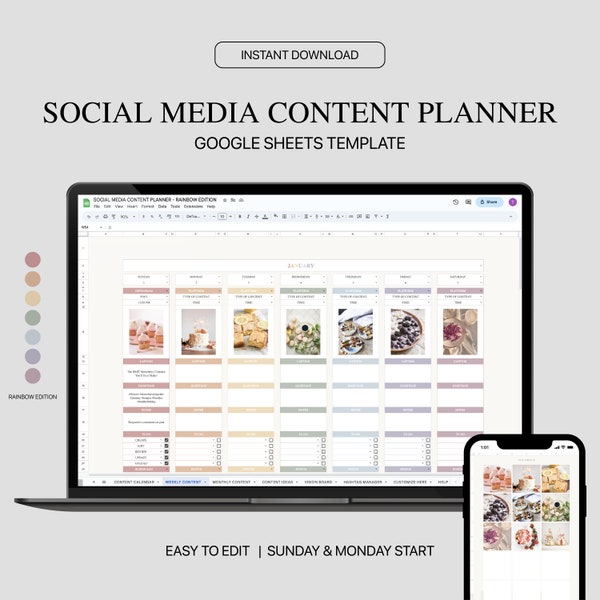 Content Planner Google Sheets, Social Media Content Calendar, Social Media Marketing Planner, Editable and Customizable, Instant Download