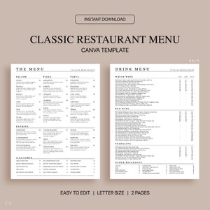Klassisches Restaurant Menü Canva Vorlage, bearbeitbare Restaurant Menü Vorlage, Minimalistisches Modernes Menü, Letter Format 8,5x11, Sofortiger Download