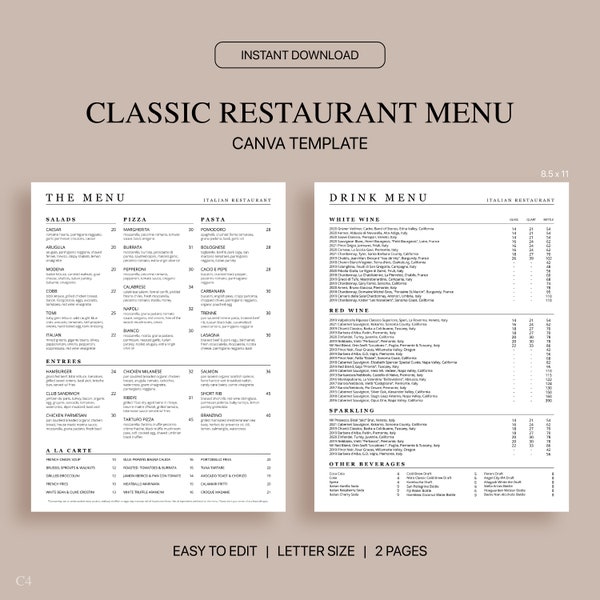 Classic Restaurant Menu Canva Template, Editable Restaurant Menu Template, Minimalistic Modern Menu, Letter Size 8.5x11, Instant Download