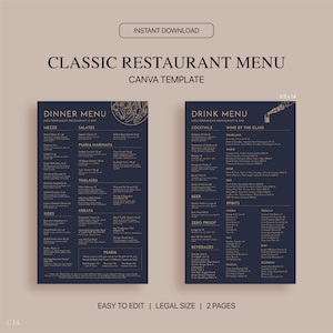 Plantilla de menú de restaurante clásico Canva, menú de restaurante editable, menú moderno imprimible, menú de tamaño legal 8.5x14, plantilla de menú de bebidas Canva