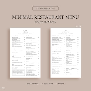 Minimalistyczny szablon menu restauracji Canva, edytowalny szablon menu restauracji, minimalistyczne menu, prawny rozmiar 8,5 x 14, natychmiastowe pobranie