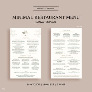 Plantilla de Canva para menú de restaurante minimalista, plantilla de menú de bebidas de restaurante editable, menú de bar minimalista, menú de tamaño legal estándar 8,5 x 14