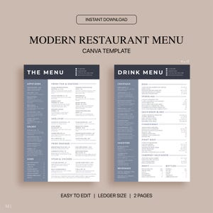 Plantilla de menú de restaurante moderno, plantilla de menú de Canva, plantilla de menú de bebidas personalizable, diseño de menú editable, menú de bar, tamaño de libro mayor 11 x 17