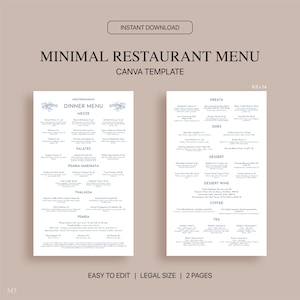 Plantilla de menú de restaurante minimalista en Canva, plantilla de menú de restaurante editable, menú minimalista, menú de tamaño legal estándar de 8,5 x 14