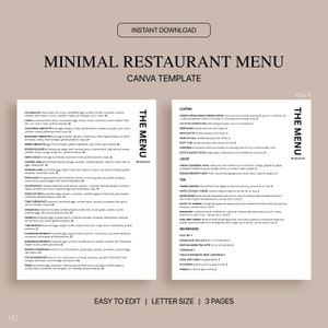 Plantilla Canva de menú de restaurante mínimo, plantilla de menú de restaurante editable, menú minimalista, tamaño de letra estándar 8.5x11, descarga instantánea