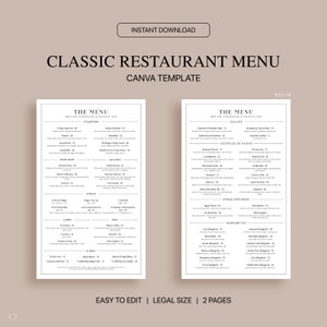 Plantilla Canva de menú de restaurante clásico, plantilla de menú de restaurante editable, menú moderno minimalista, tamaño legal 8.5x14, descarga instantánea