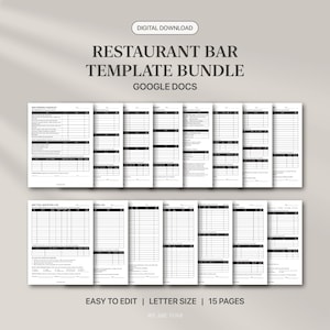 May include: A digital download bundle of restaurant bar templates for Google Docs, featuring 15 pages of letter-sized checklists and logs. The documents include a bar opening checklist, bar tool sanitation log, and signature log with black text.