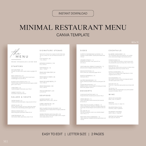 Minimal Restaurant Menu Canva Template, Editable Restaurant Menu Template, Minimalistic Menu, Standard Letter Size 8.5x11, Instant Download