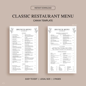 Plantilla Canva de menú de restaurante clásico, plantilla de menú de restaurante editable, menú minimalista, tamaño legal 8.5x14, descarga instantánea