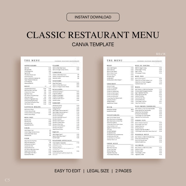 Classic Restaurant Menu Canva Template, Editable Restaurant Menu Template, Minimalistic Modern Menu, Legal Size 8.5x14, Instant Download