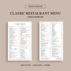 Plantilla Canva de menú de restaurante clásico, plantilla de menú de restaurante editable, menú de cafetería minimalista, tamaño legal 8.5x14, descarga instantánea