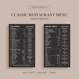 Plantilla de menú de restaurante clásico Canva, menú de restaurante editable, menú moderno imprimible, menú de tamaño legal 8.5x14, plantilla de menú de bebidas Canva