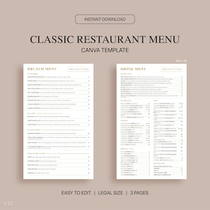 Szablon menu restauracji Canva, edytowalne menu restauracji, szablon menu Canva, elegancki projekt menu restauracji, prawny rozmiar menu 8,5x14