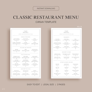 Plantilla Canva de menú de restaurante clásico, plantilla de menú de restaurante editable, menú minimalista, tamaño legal 8.5x14, descarga instantánea