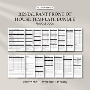 May include: A digital download bundle of restaurant front of house templates for Google Docs. The set includes 15 pages of black and white forms, checklists, and logs with tables and lines for data entry, labeled as letter size and easy to edit.