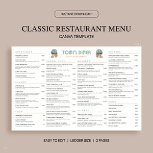 Plantilla Canva de menú de restaurante clásico, plantilla de menú de restaurante editable, menú de restaurante retro moderno, tamaño de libro mayor 17x11, descarga instantánea